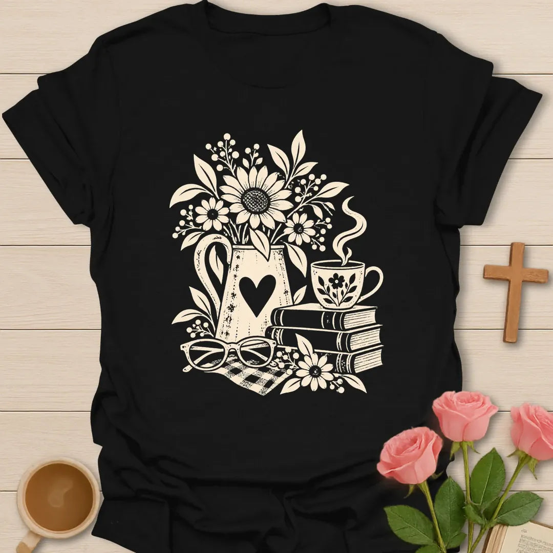Summer Tea Time shirt with iced tea, summer accents, and faith-inspired lettering. - Black