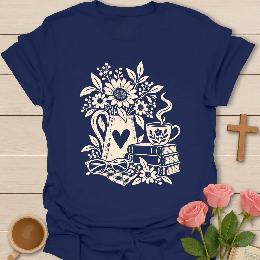 Summer Tea Time shirt with iced tea, summer accents, and faith-inspired lettering. - Navy