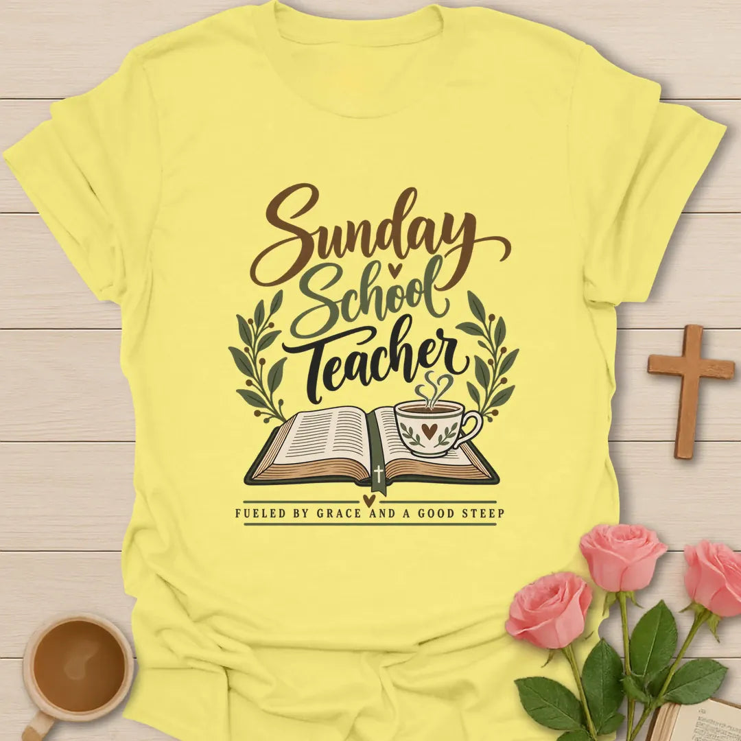 Sunday School Teacher Christian t-shirt with faith-inspired lettering - Cornsilk