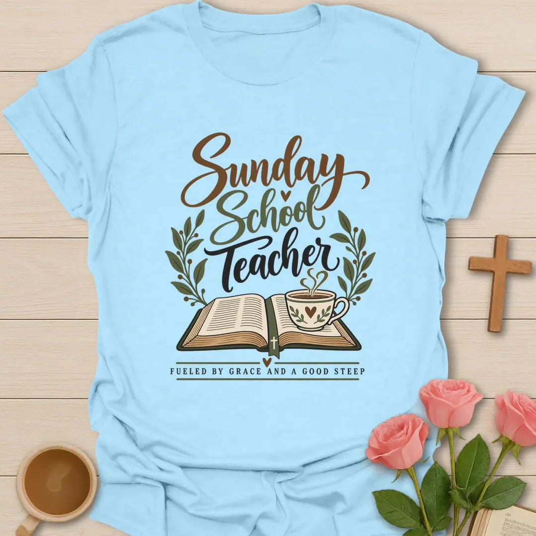 Sunday School Teacher Christian t-shirt with faith-inspired lettering - Light Blue