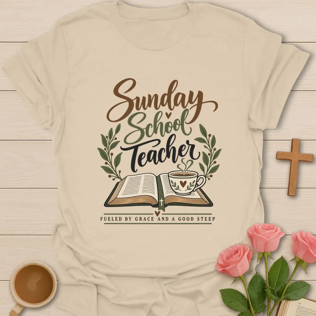 Sunday School Teacher Christian t-shirt with faith-inspired lettering - Sand