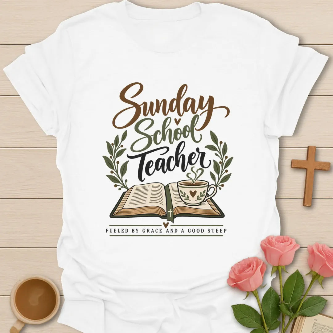 Sunday School Teacher Christian t-shirt with faith-inspired lettering - White