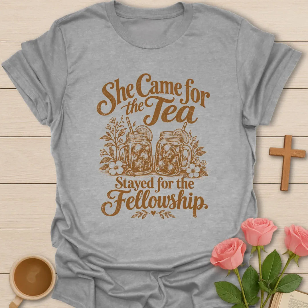 She Came For The Tea, Stayed For The Fellowship t-shirt with two iced sweet tea mason jars with lemon and flowers - Sport Grey
