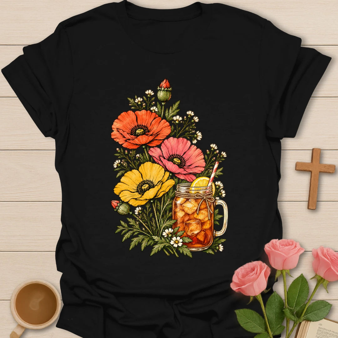 Sweet Tea In Bloom t-shirt with vintage poppies and wildflowers around a mason jar of iced tea with lemon - Black