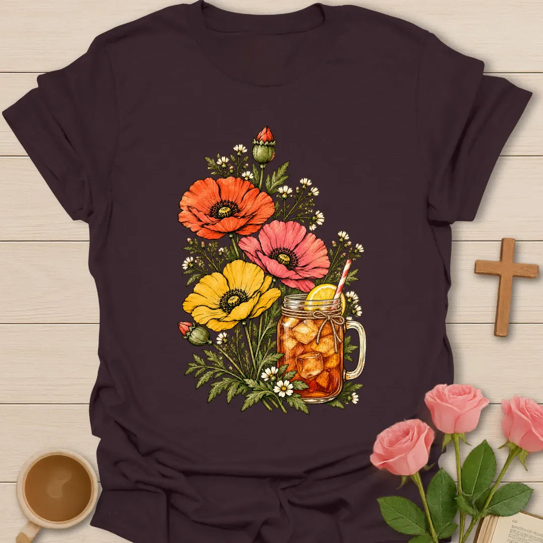 Sweet Tea In Bloom t-shirt with vintage poppies and wildflowers around a mason jar of iced tea with lemon - Dark Chocolate
