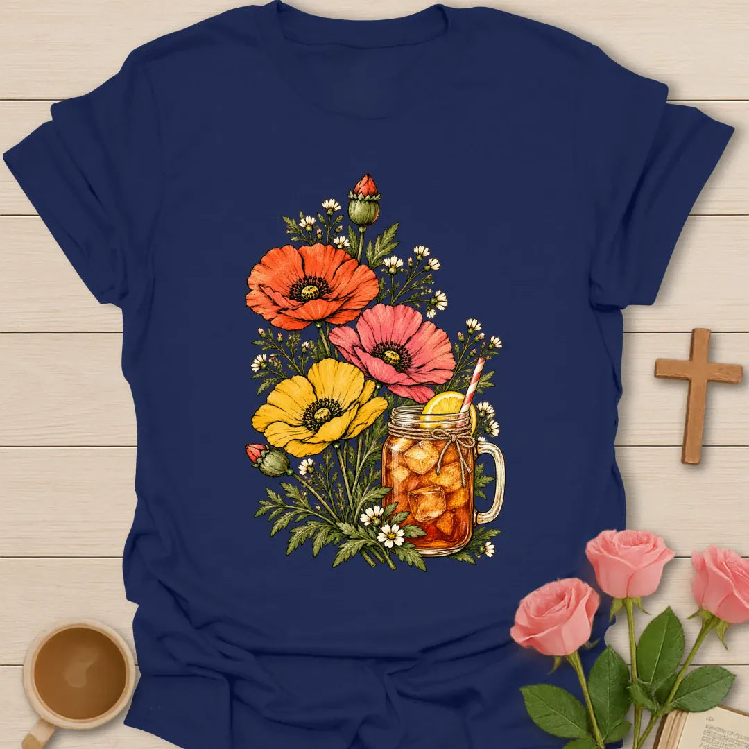 Sweet Tea In Bloom t-shirt with vintage poppies and wildflowers around a mason jar of iced tea with lemon - Navy