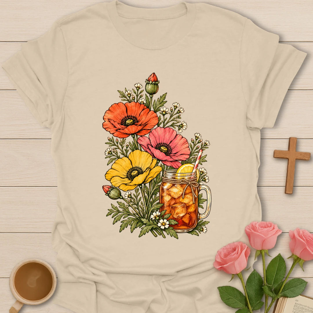 Sweet Tea In Bloom t-shirt with vintage poppies and wildflowers around a mason jar of iced tea with lemon - Sand