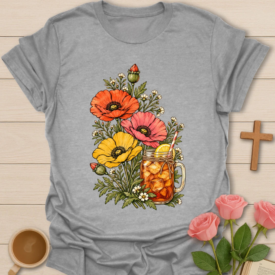 Sweet Tea In Bloom t-shirt with vintage poppies and wildflowers around a mason jar of iced tea with lemon - Sport Grey