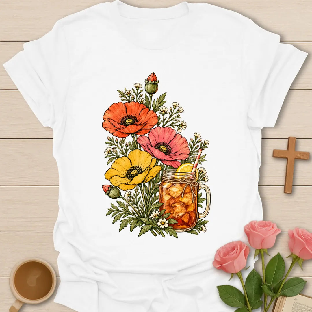 Sweet Tea In Bloom t-shirt with vintage poppies and wildflowers around a mason jar of iced tea with lemon - White