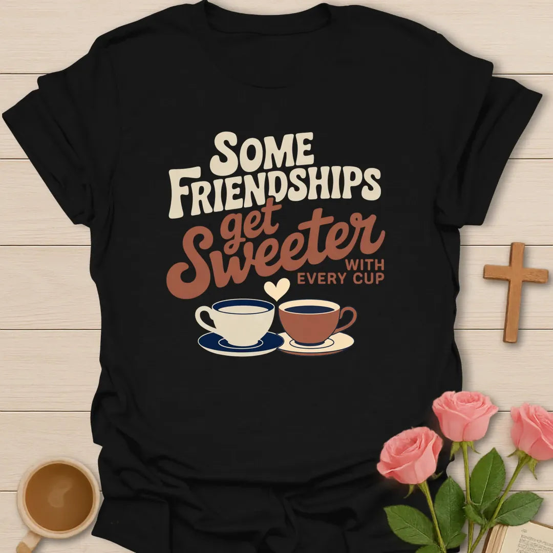 Some Friendships Get Sweeter With Every Cup retro Christian t-shirt with two teacups and a heart - Black