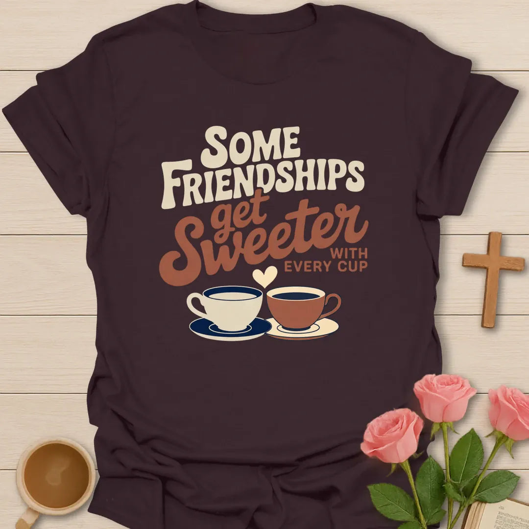 Some Friendships Get Sweeter With Every Cup retro Christian t-shirt with two teacups and a heart - Dark Chocolate