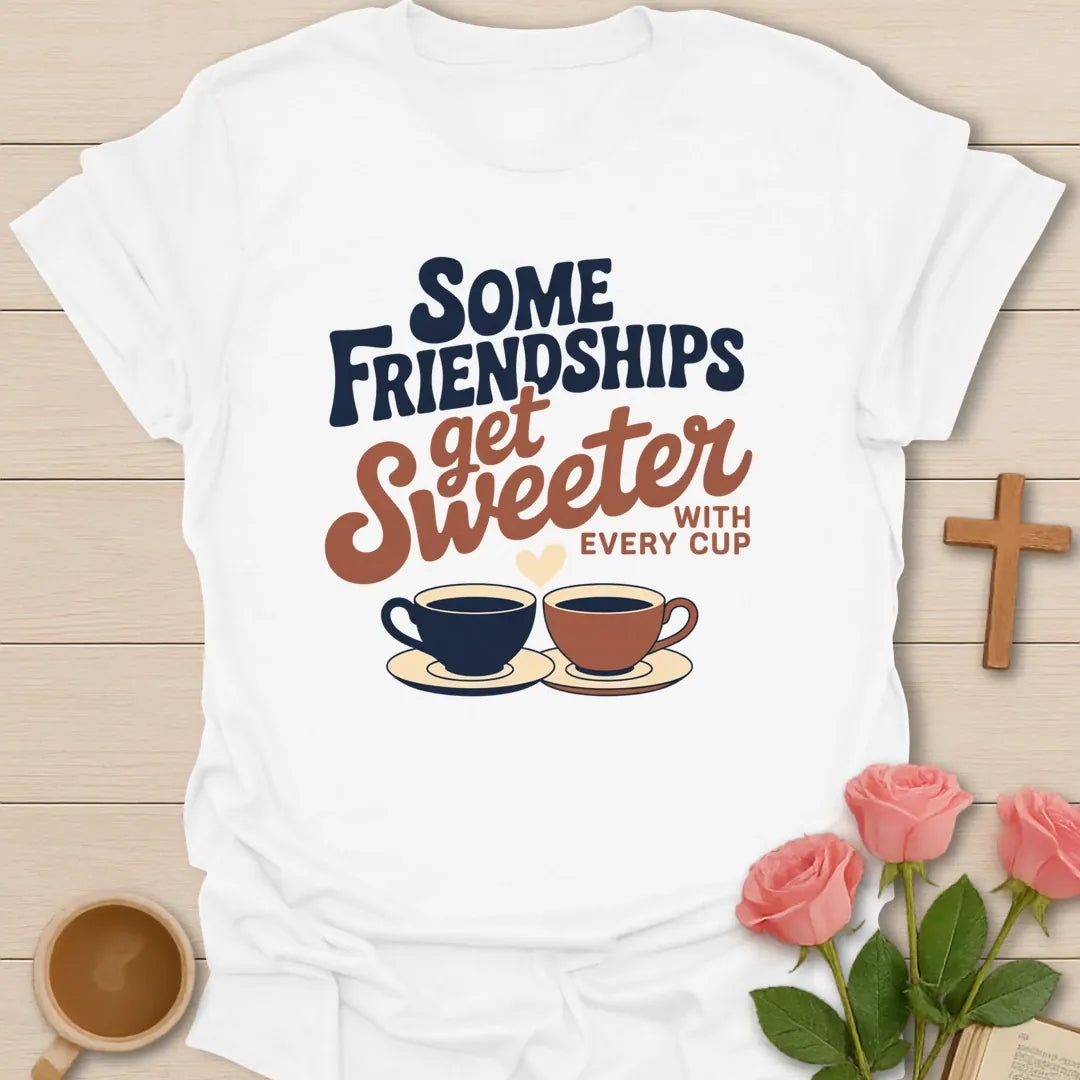 Some Friendships Get Sweeter With Every Cup retro Christian t-shirt with two teacups and a heart - White