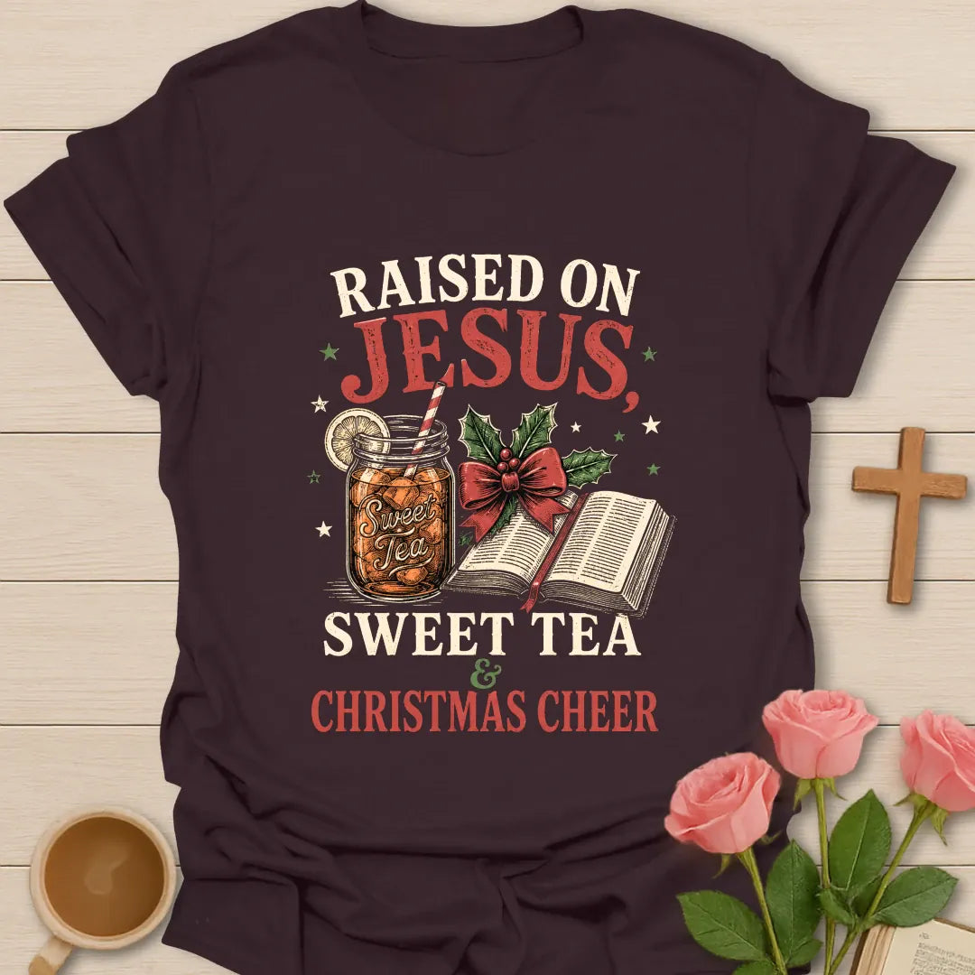Raised on Jesus Sweet Tea and Christmas Cheer T-shirt with mason jar sweet tea Bible holly and Christmas bow - Dark Chocolate