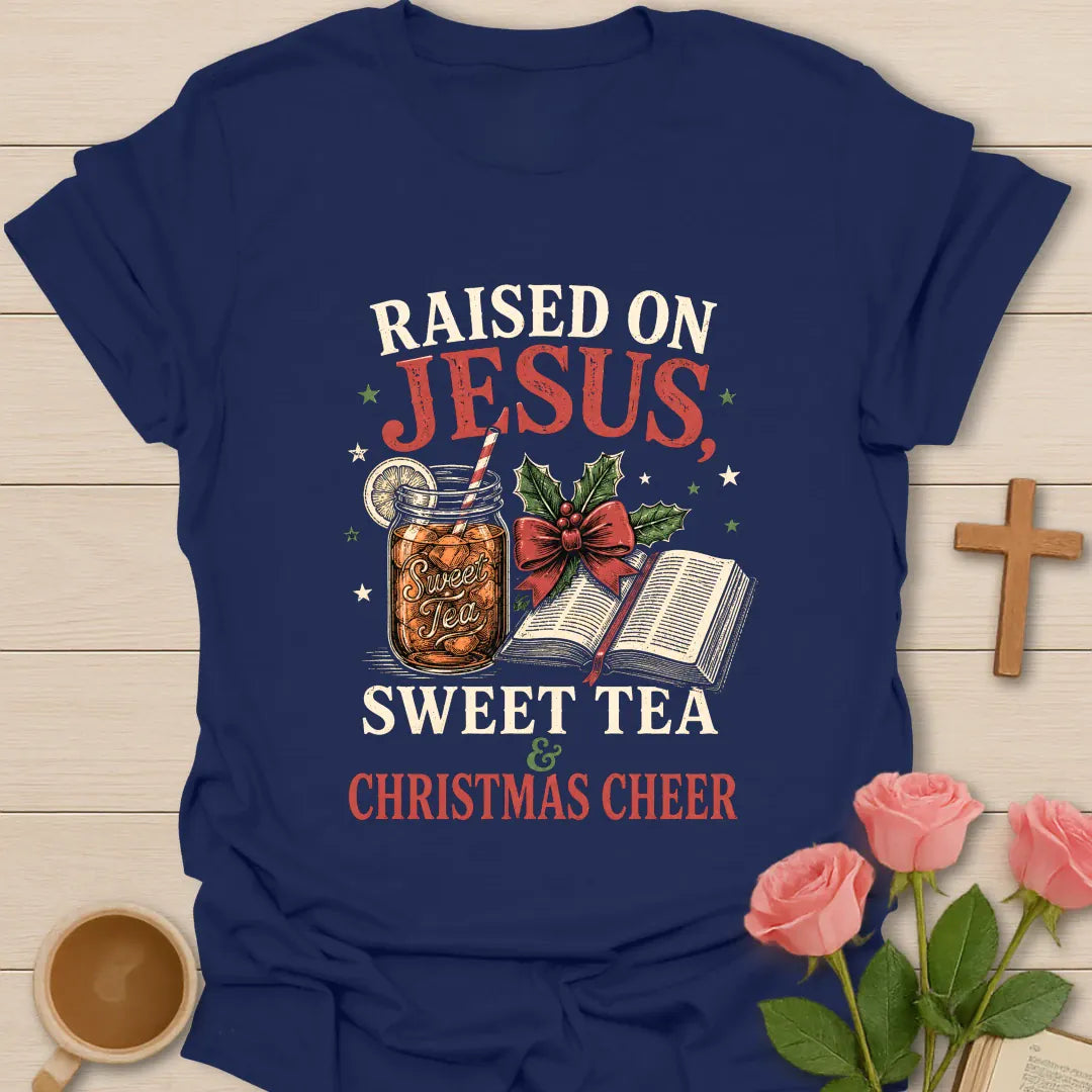 Raised on Jesus Sweet Tea and Christmas Cheer T-shirt with mason jar sweet tea Bible holly and Christmas bow - Navy