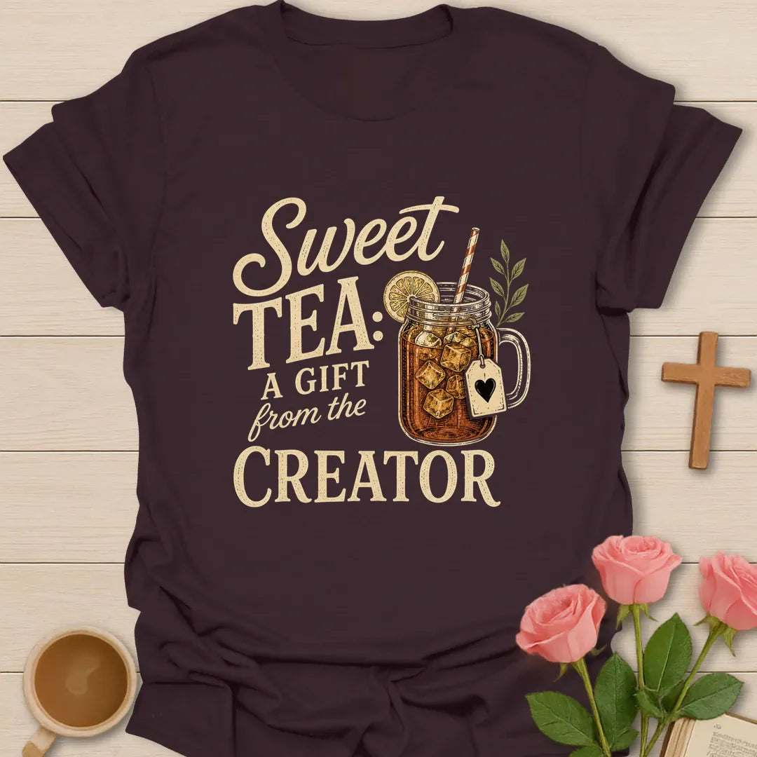 Sweet Tea Creator's Gift shirt with mason jar sweet tea, cross, and cream vintage lettering. - Dark Chocolate