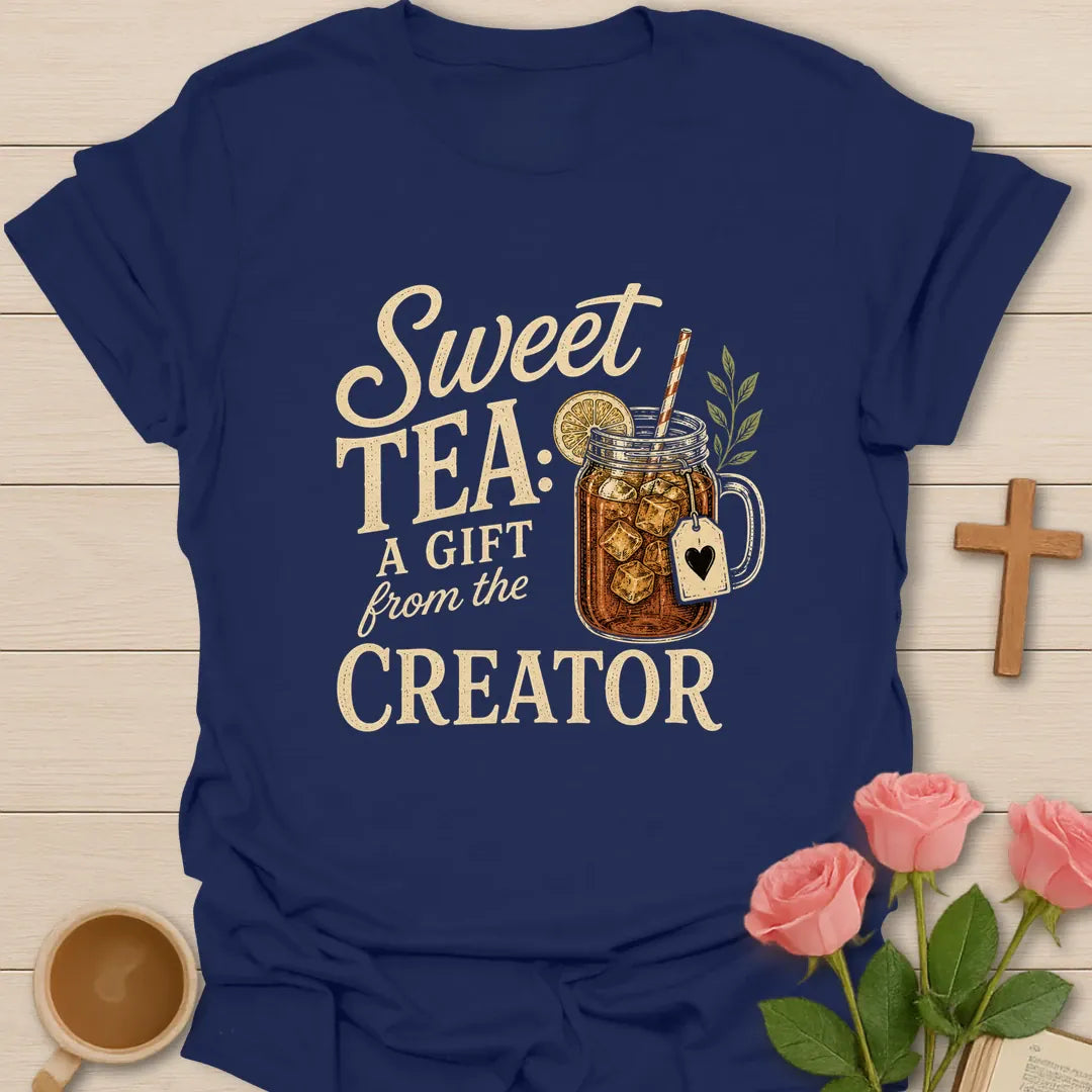Sweet Tea Creator's Gift shirt with mason jar sweet tea, cross, and cream vintage lettering. - Navy