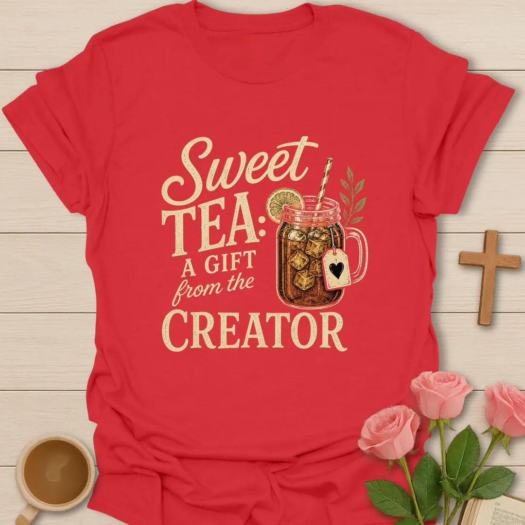 Sweet Tea Creator's Gift shirt with mason jar sweet tea, cross, and cream vintage lettering. - Red