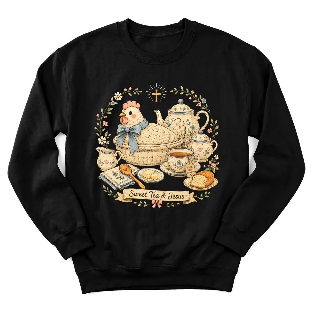 Sweet Tea Farmhouse sweatshirt with vintage farmhouse and teacup design - Black