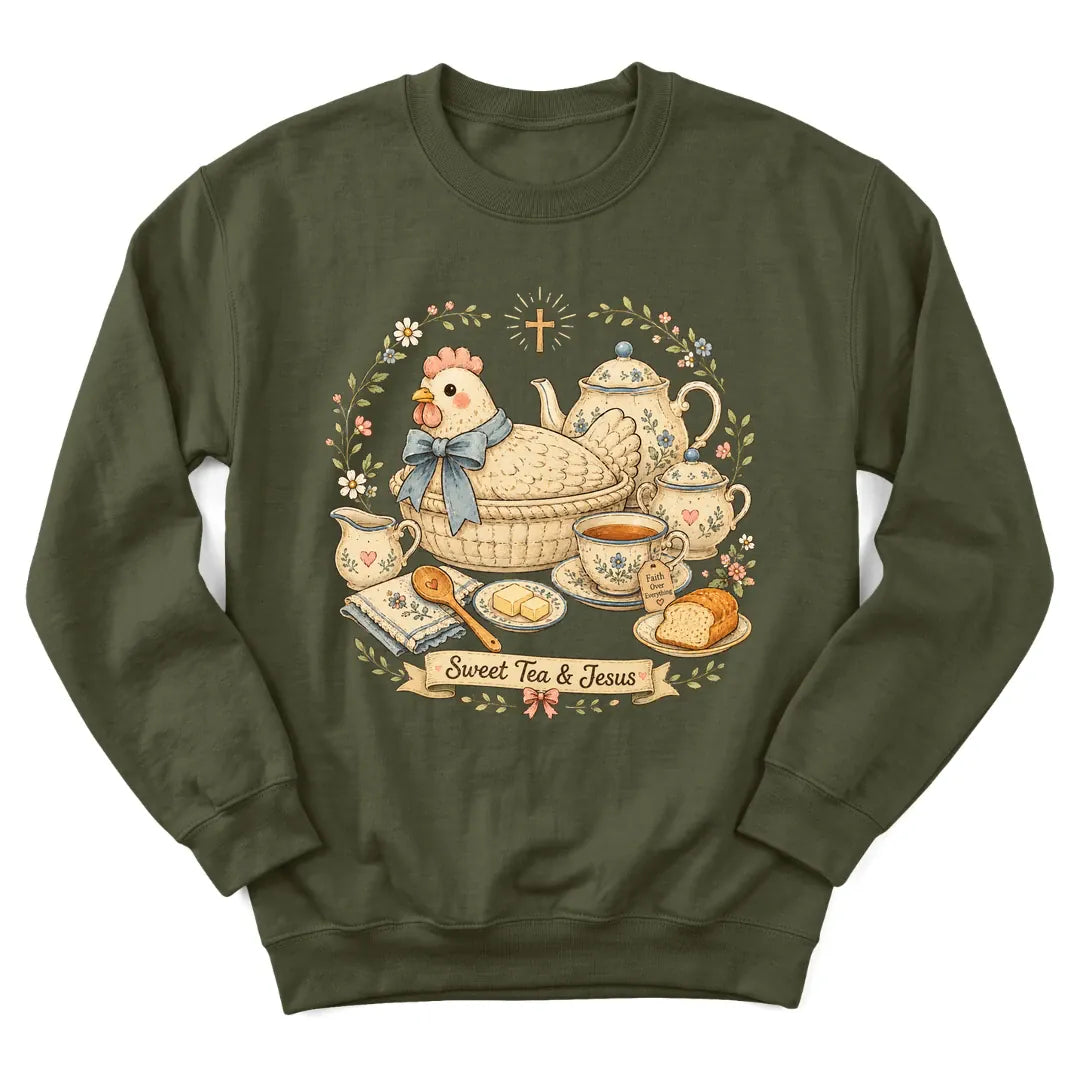 Sweet Tea Farmhouse sweatshirt with vintage farmhouse and teacup design - Military Green