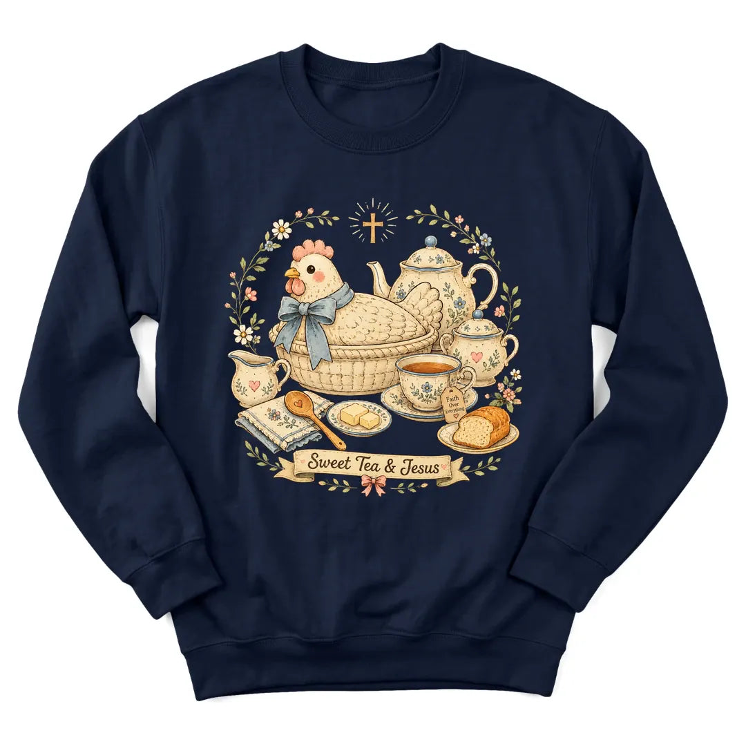 Sweet Tea Farmhouse sweatshirt with vintage farmhouse and teacup design - Navy