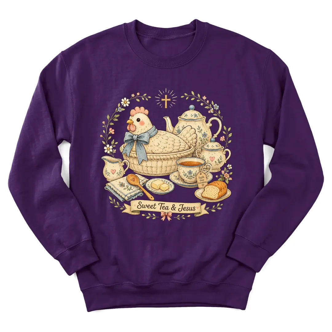 Sweet Tea Farmhouse sweatshirt with vintage farmhouse and teacup design - Purple