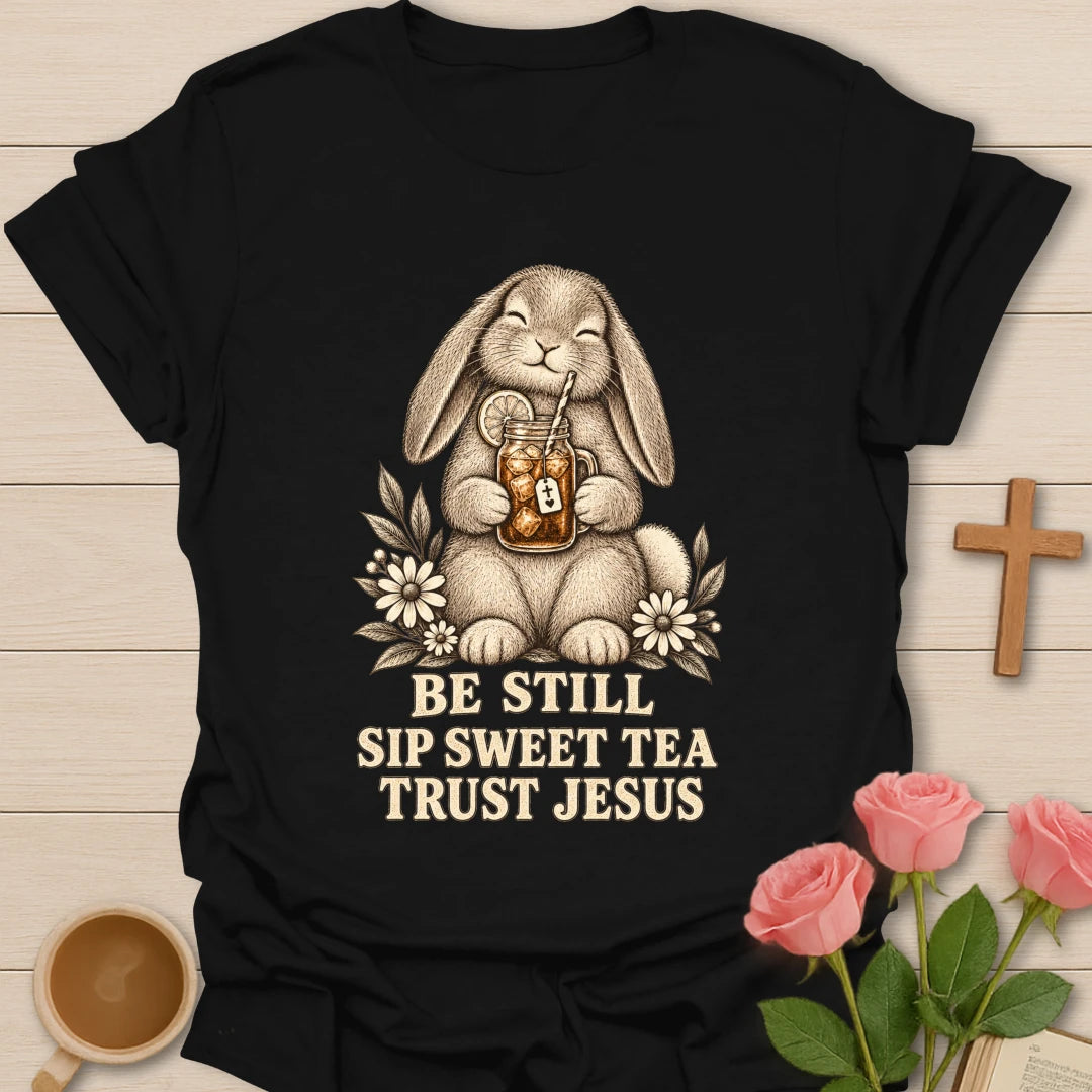 Sweet Tea Jesus bunny shirt with cute bunny, sweet tea, and faith-inspired lettering. - Black