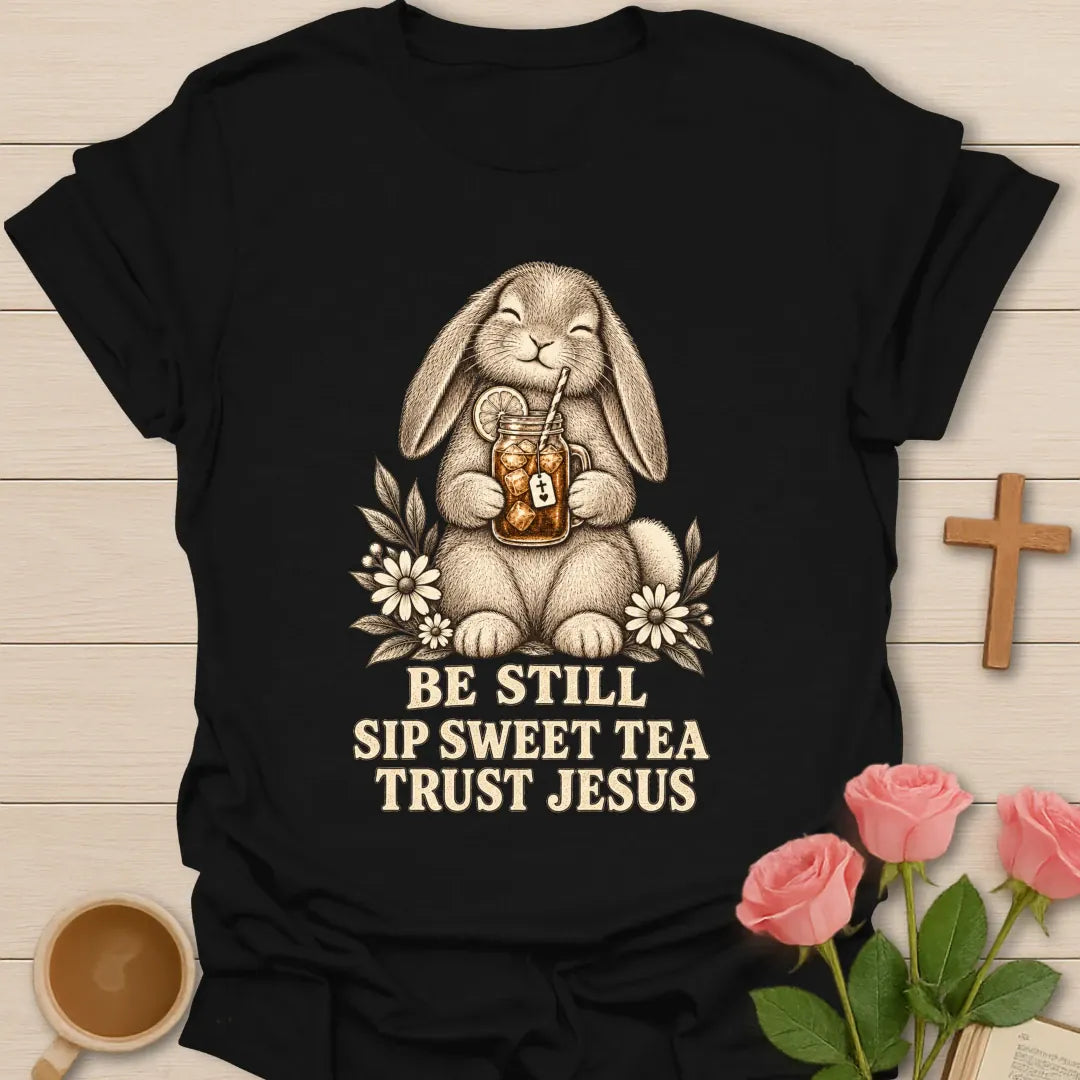 Sweet Tea Jesus bunny shirt with cute bunny, sweet tea, and faith-inspired lettering. - Black