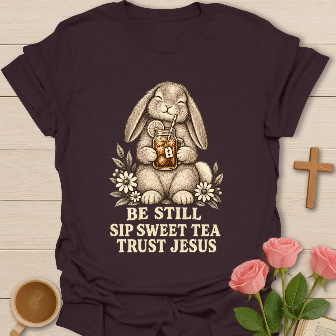 Sweet Tea Jesus bunny shirt with cute bunny, sweet tea, and faith-inspired lettering. - Dark Chocolate