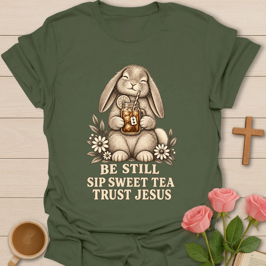 Sweet Tea Jesus bunny shirt with cute bunny, sweet tea, and faith-inspired lettering. - Military Green