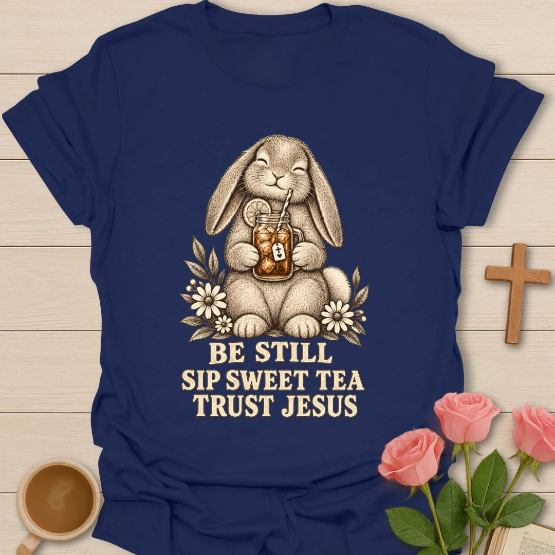 Sweet Tea Jesus bunny shirt with cute bunny, sweet tea, and faith-inspired lettering. - Navy