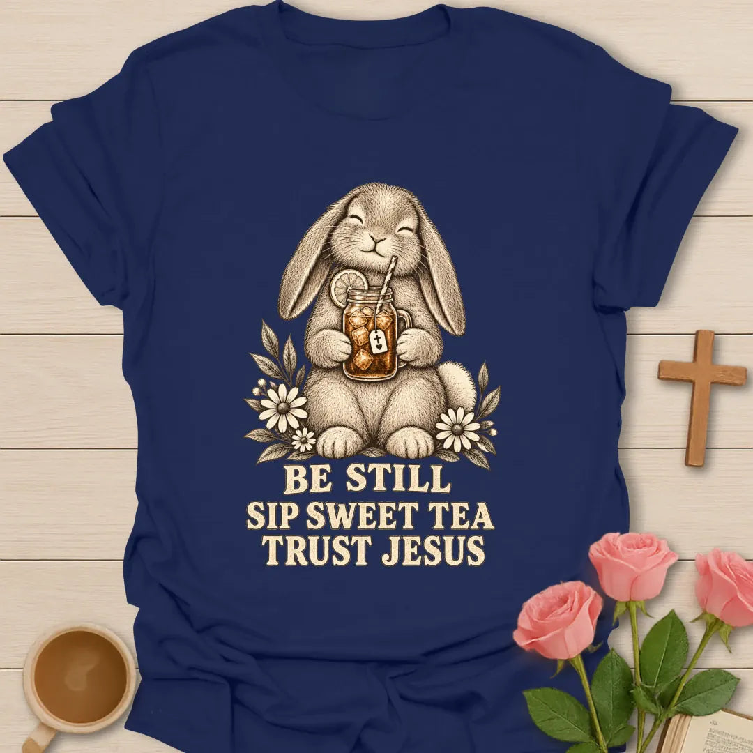 Sweet Tea Jesus bunny shirt with cute bunny, sweet tea, and faith-inspired lettering. - Navy