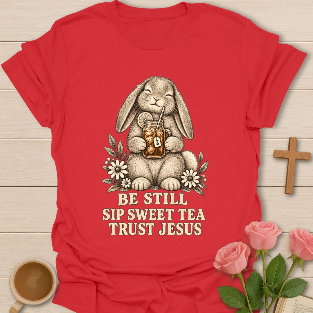 Sweet Tea Jesus bunny shirt with cute bunny, sweet tea, and faith-inspired lettering. - Red