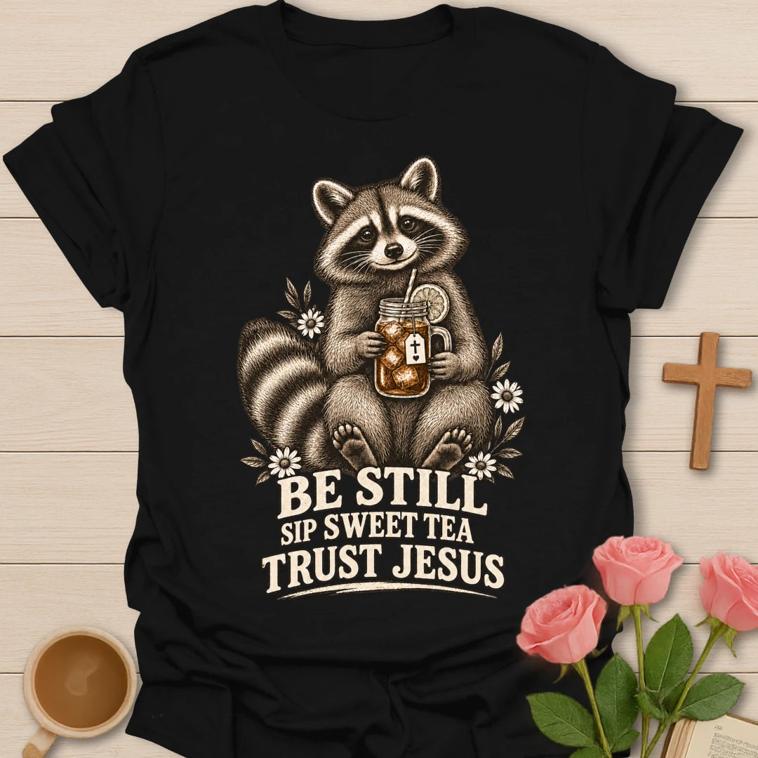 Sweet Tea Jesus raccoon shirt with cute raccoon, sweet tea, and faith-inspired lettering. - Black