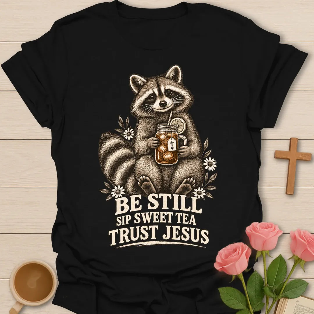 Sweet Tea Jesus raccoon shirt with cute raccoon, sweet tea, and faith-inspired lettering. - Black