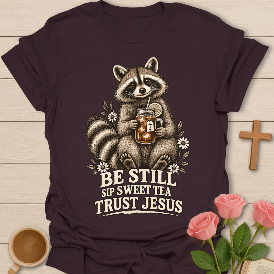 Sweet Tea Jesus raccoon shirt with cute raccoon, sweet tea, and faith-inspired lettering. - Dark Chocolate
