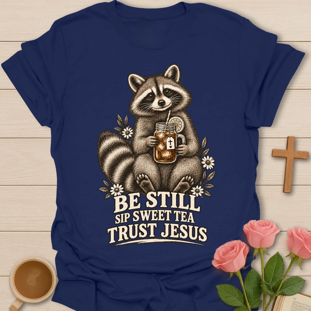 Sweet Tea Jesus raccoon shirt with cute raccoon, sweet tea, and faith-inspired lettering. - Navy