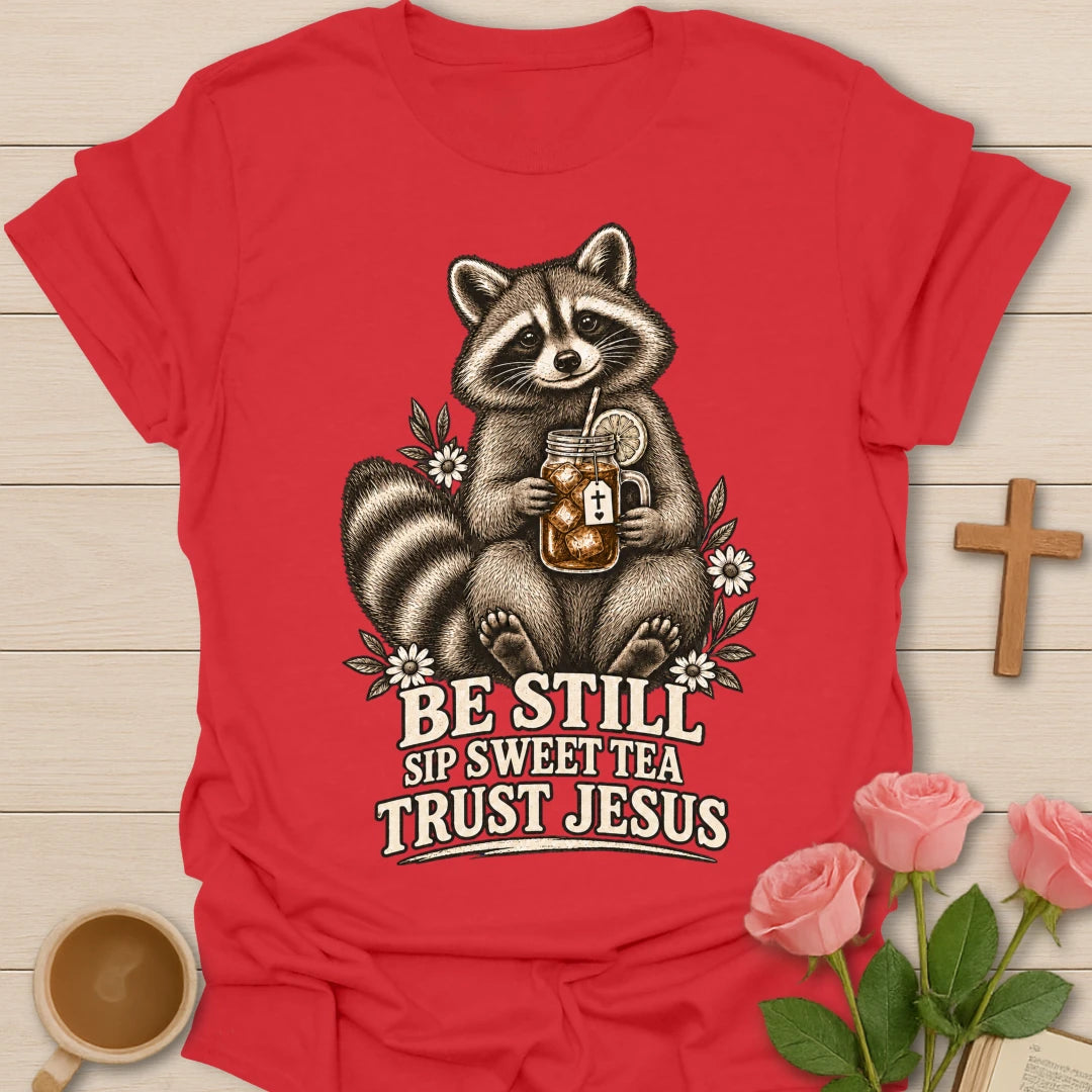 Sweet Tea Jesus raccoon shirt with cute raccoon, sweet tea, and faith-inspired lettering. - Red