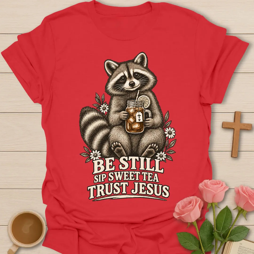 Sweet Tea Jesus raccoon shirt with cute raccoon, sweet tea, and faith-inspired lettering. - Red