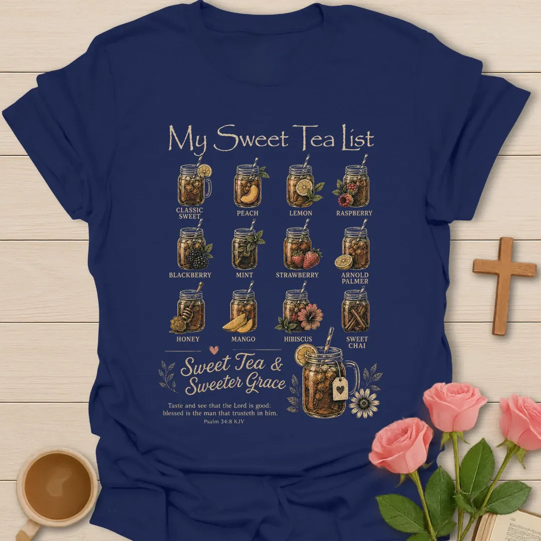 My Sweet Tea List shirt with twelve vintage illustrated mason jar sweet tea flavors - Navy