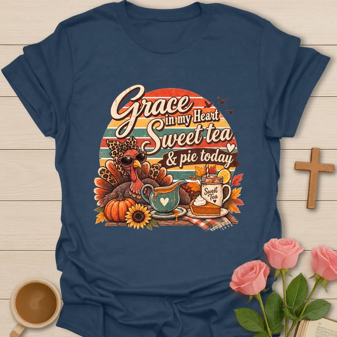 Sweet Tea & Pie shirt with cozy lettering and a faith-inspired southern design. - Heather Navy