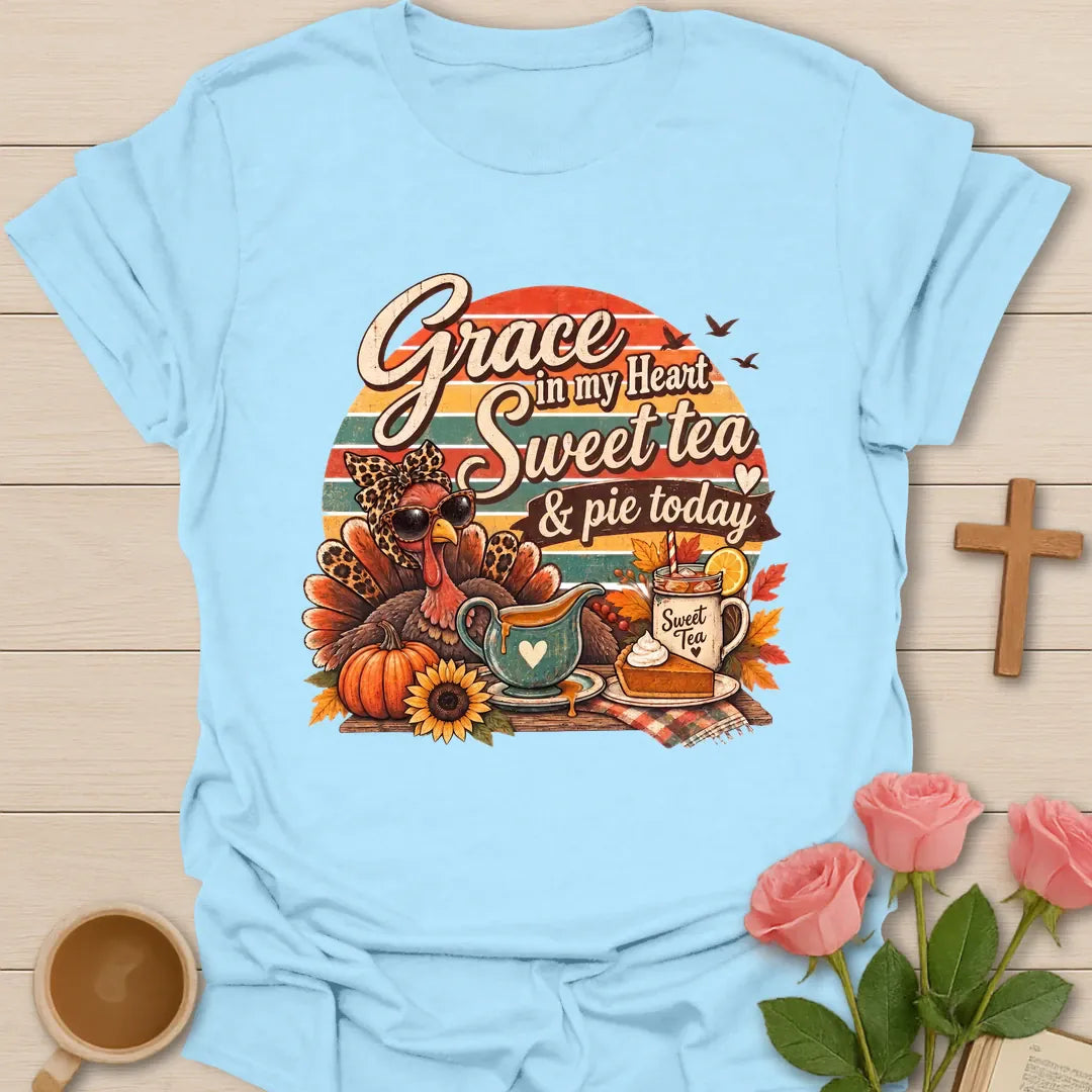 Sweet Tea & Pie shirt with cozy lettering and a faith-inspired southern design. - Light Blue