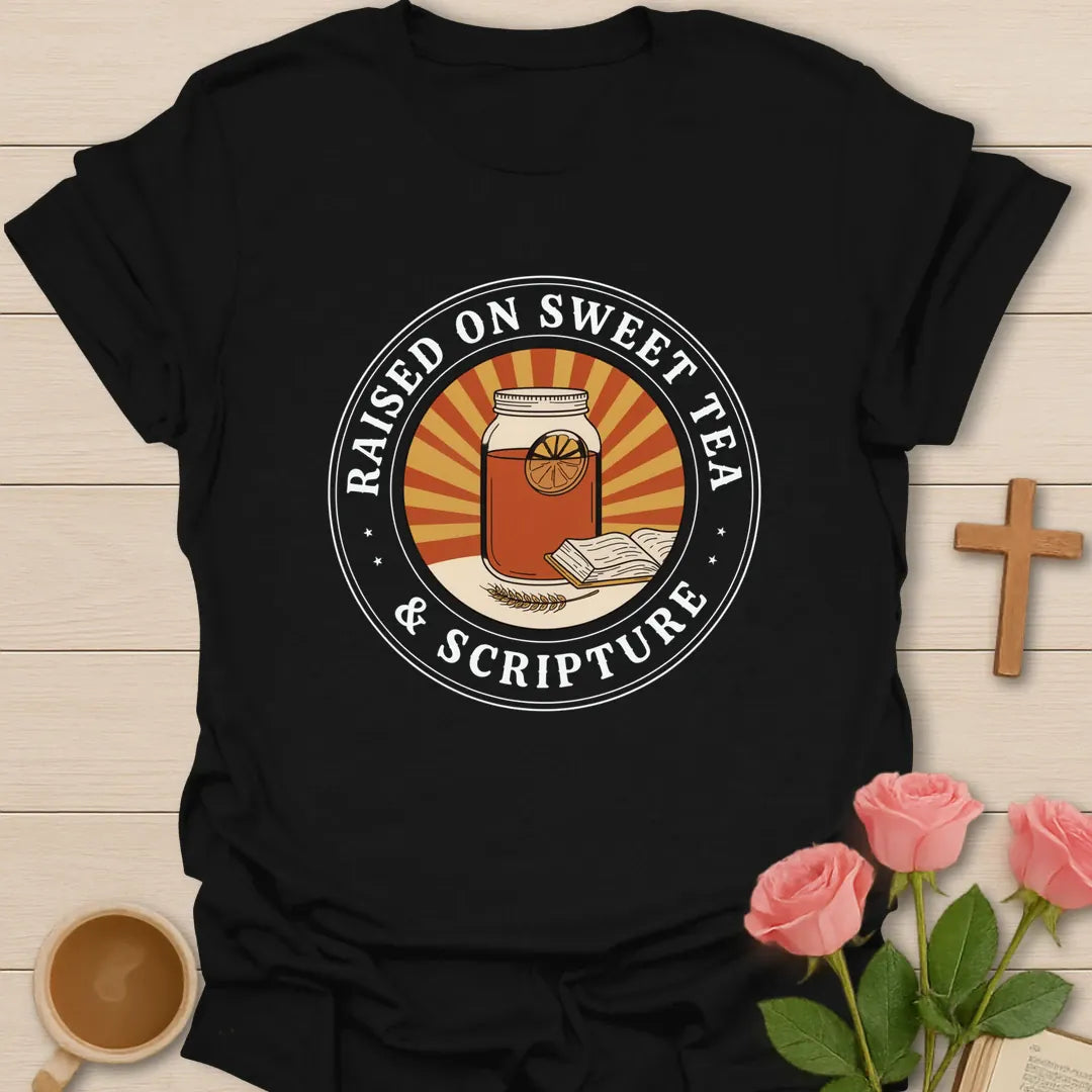 Raised on Sweet Tea and Scripture circle badge Christian t-shirt with a mason jar of iced tea and an open Bible in a sunburst - Black