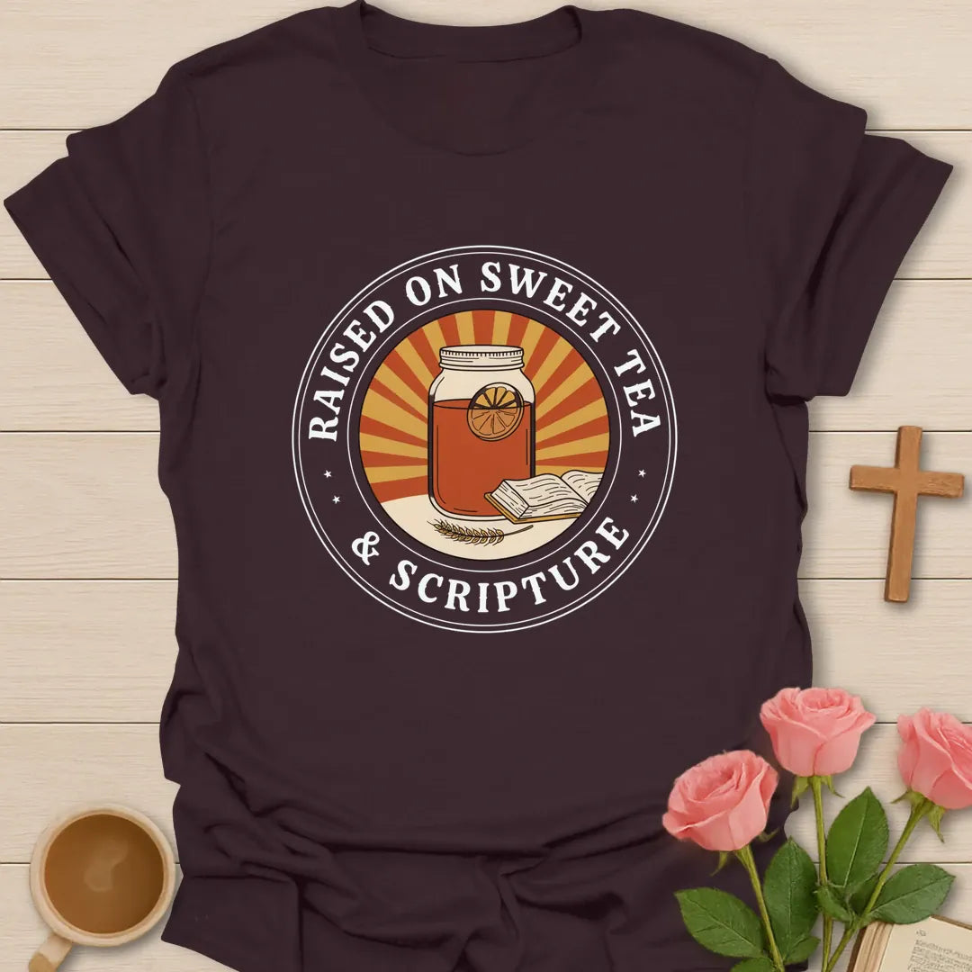 Raised on Sweet Tea and Scripture circle badge Christian t-shirt with a mason jar of iced tea and an open Bible in a sunburst - Dark Chocolate
