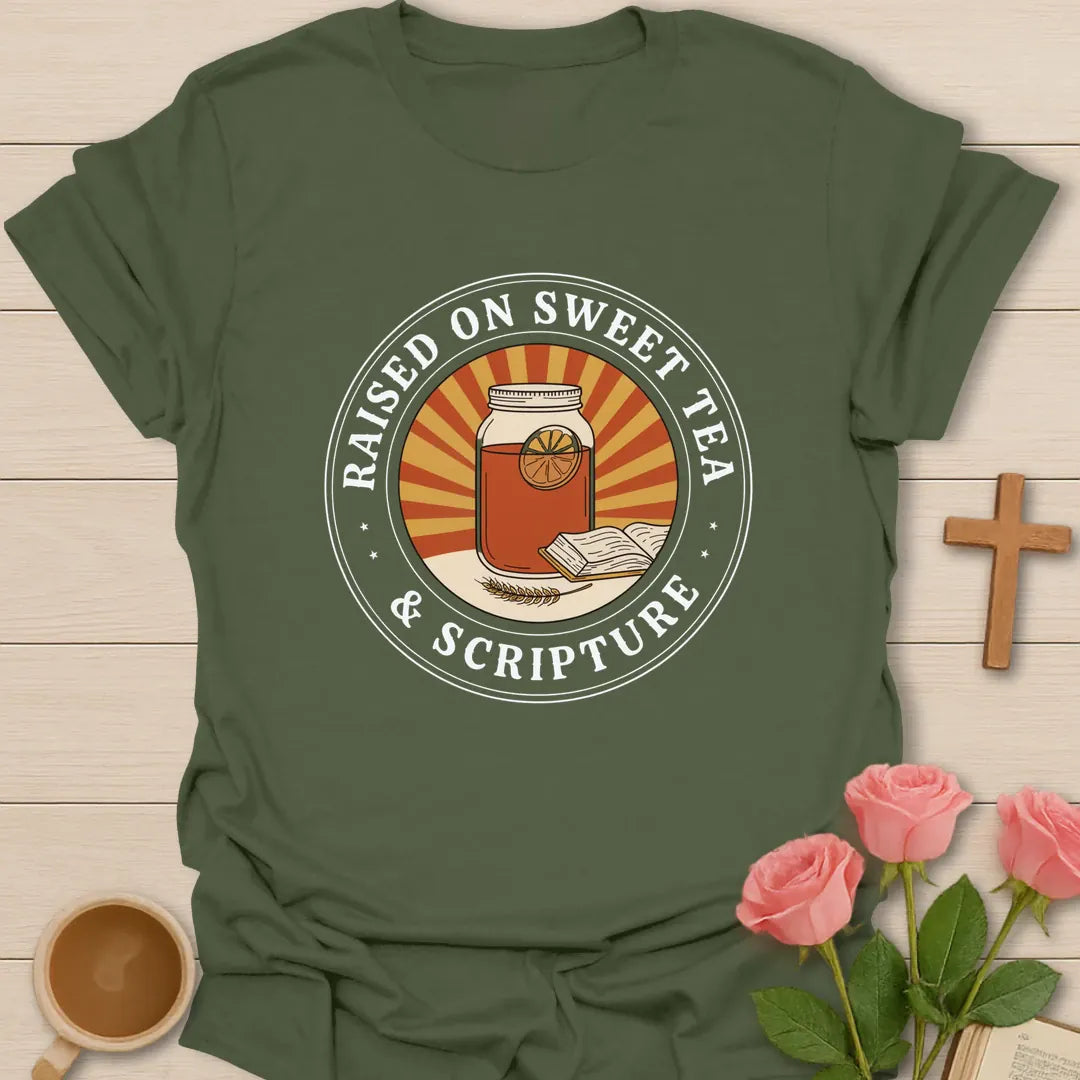 Raised on Sweet Tea and Scripture circle badge Christian t-shirt with a mason jar of iced tea and an open Bible in a sunburst - Military Green