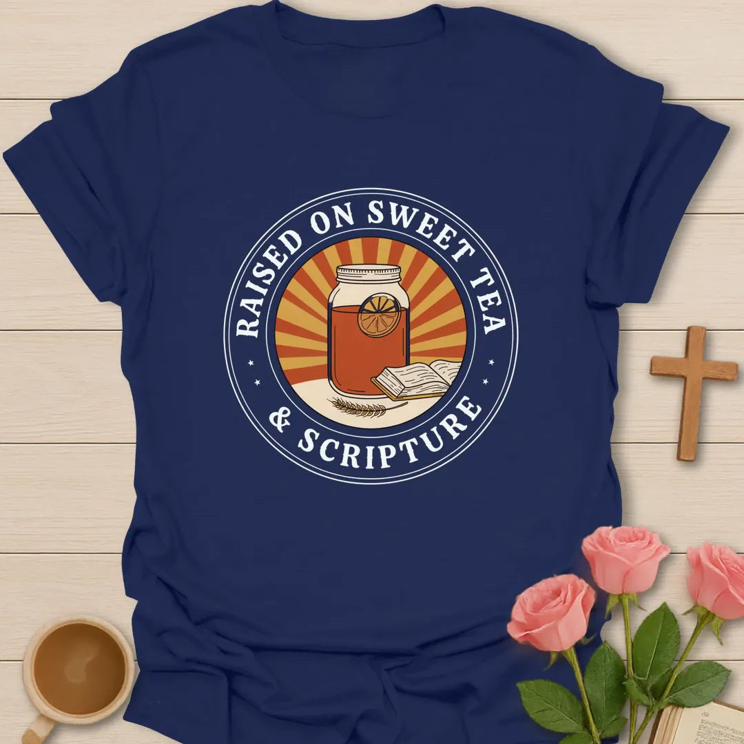 Raised on Sweet Tea and Scripture circle badge Christian t-shirt with a mason jar of iced tea and an open Bible in a sunburst - Navy