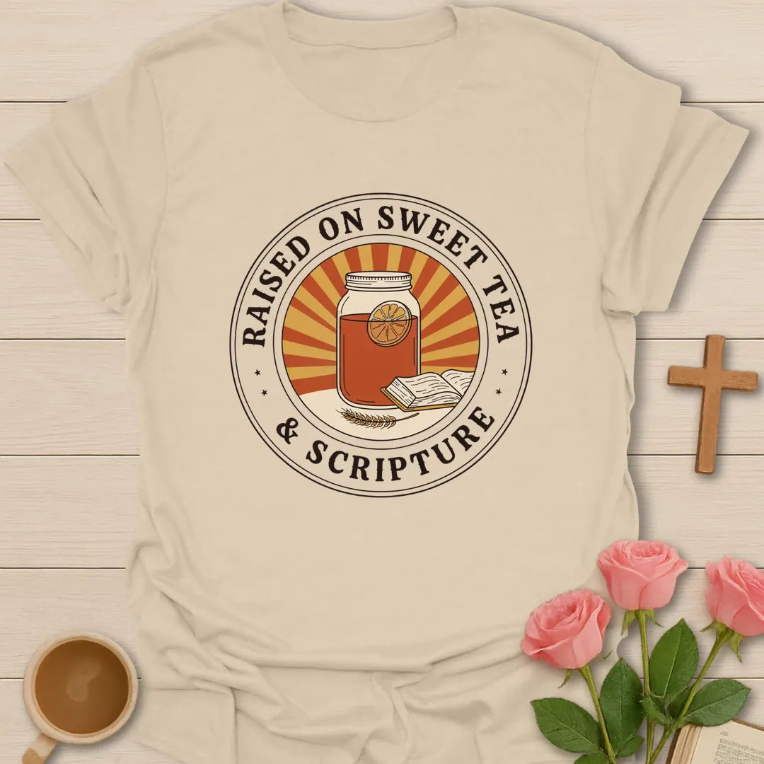 Raised on Sweet Tea and Scripture circle badge Christian t-shirt with a mason jar of iced tea and an open Bible in a sunburst - Sand