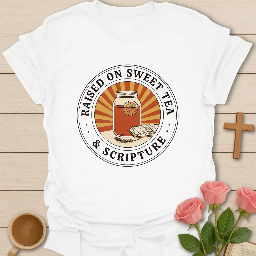 Raised on Sweet Tea and Scripture circle badge Christian t-shirt with a mason jar of iced tea and an open Bible in a sunburst - White