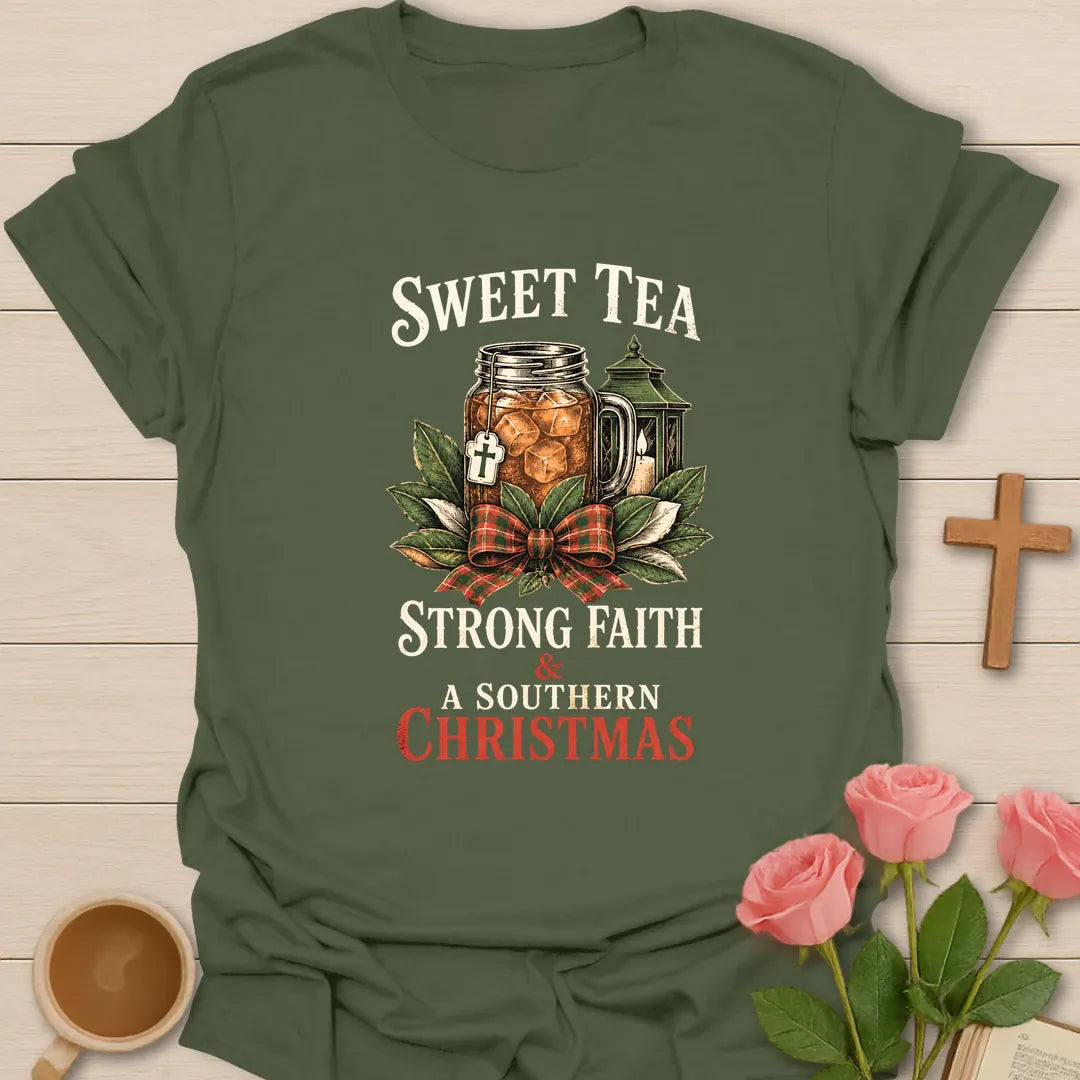 Sweet Tea Southern Christmas shirt with sweet tea and holiday Southern styling - Military Green