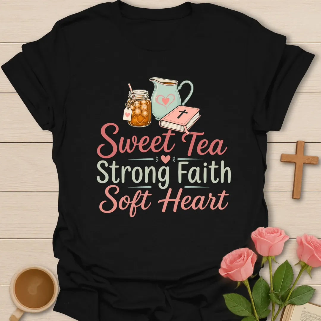 Sweet Tea Strong Faith Soft Heart shirt with mason jar sweet tea, pitcher, Bible and hearts - Black