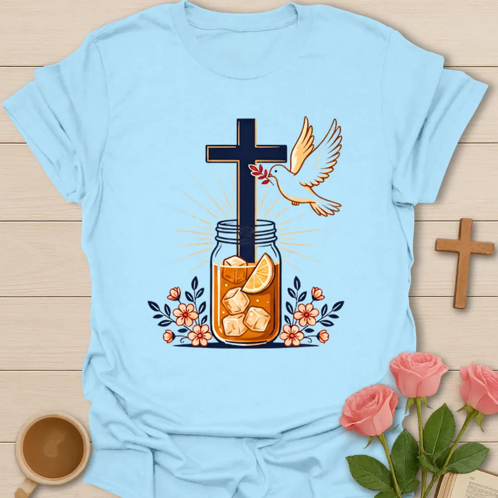 Sweet Tea Strong Faith shirt with mason jar iced tea, cross, dove, flowers, and sunburst. - Light Blue